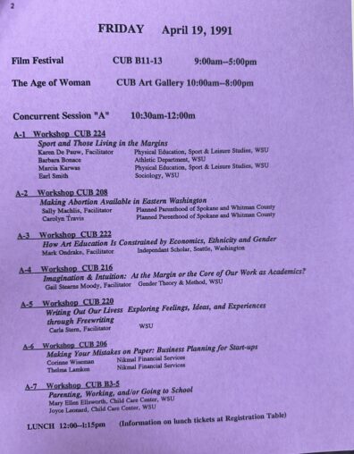 Image of a flyer for the individual workshops being held during the NorthWest Women's Studies Association Conference at Washington State University titled "Living in the Margins" on April 19, 1991.