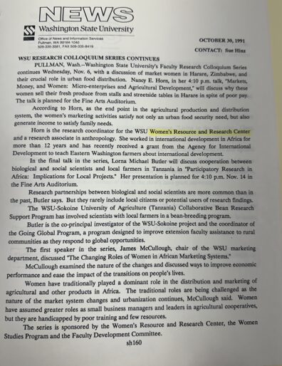 Image of printed news piece stating Washington State University’s Faculty Research Colloquium Series discussion was hosted on November 6, 1991. The series is sponsored by the Women’s Resource and Research