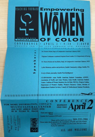 Image of a flyer from April 2, 1994 sharing The “Empowering Women of Color Conference” takes place at the Quality Inn in Pullman and is co-sponsored by Department of Women’s Studies along with other co-sponsors listed on the poster.