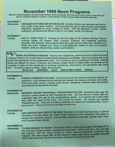 Image of flyer titled "November 1995 Noon Programs" sharing details about monthly events at WSU Women's Center and conferences by WSU Women's Studies Program.