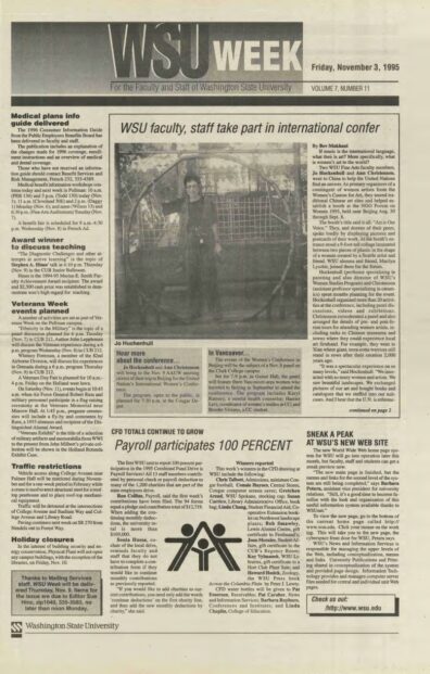 Image of newsclipping from WSU Week for the Faculty and Stagg of Washington State University on Friday November 3, 1995. The newsclip writes "WSU faculty, staff take part in internation conference".: Jo Huckenhull and Ann Christenson (Fine Arts faculty members) went to China to help the United Nations. They were primary organizers of a contingent of women artists from the Women’s Caucus for Art.
