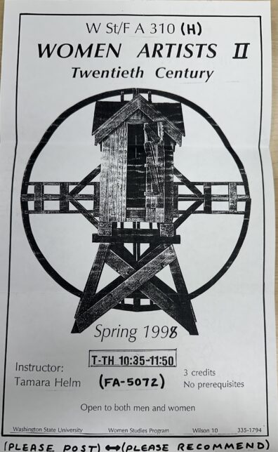 Image of flyer about Women Artists Twentieth Century course offered in Spring 1998 by instructor Tamara Helm in the Women Studies Program.