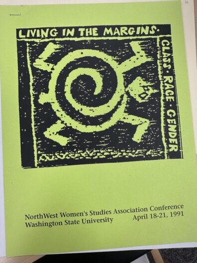 Image of a flyer for NorthWest Women's Studies Association Conference at Washington State University titled "Living in the Margins" from April 18-21 1991.