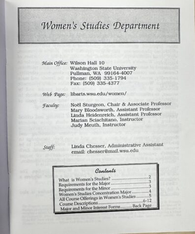 Image of first page of Women’s Studies Department informational pamphlet about Women’s Studies Major and Minor in 2001.