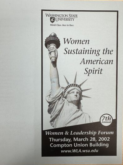 Image of the 7th Annual Women and Leadership Forum entitled “Women Sustaining the American Spirit” held at Compton Union Building WSU on March 28, 2002.