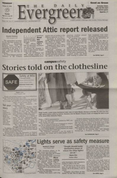 Image of news clipping from "The Daily Evergreen" sharing a headline about campus safety at WSU and sub section titled "the stories told on the clothesline" from 2002.