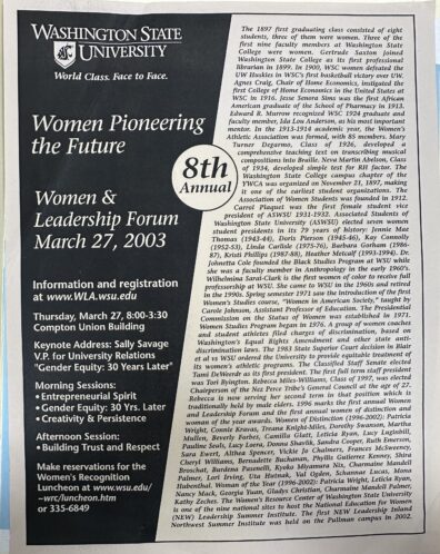 Image of Women Leadership Forum Handout from 2003. The handout shares information about the history of women at WSU and shared that the forum took place on March 27. 2003.