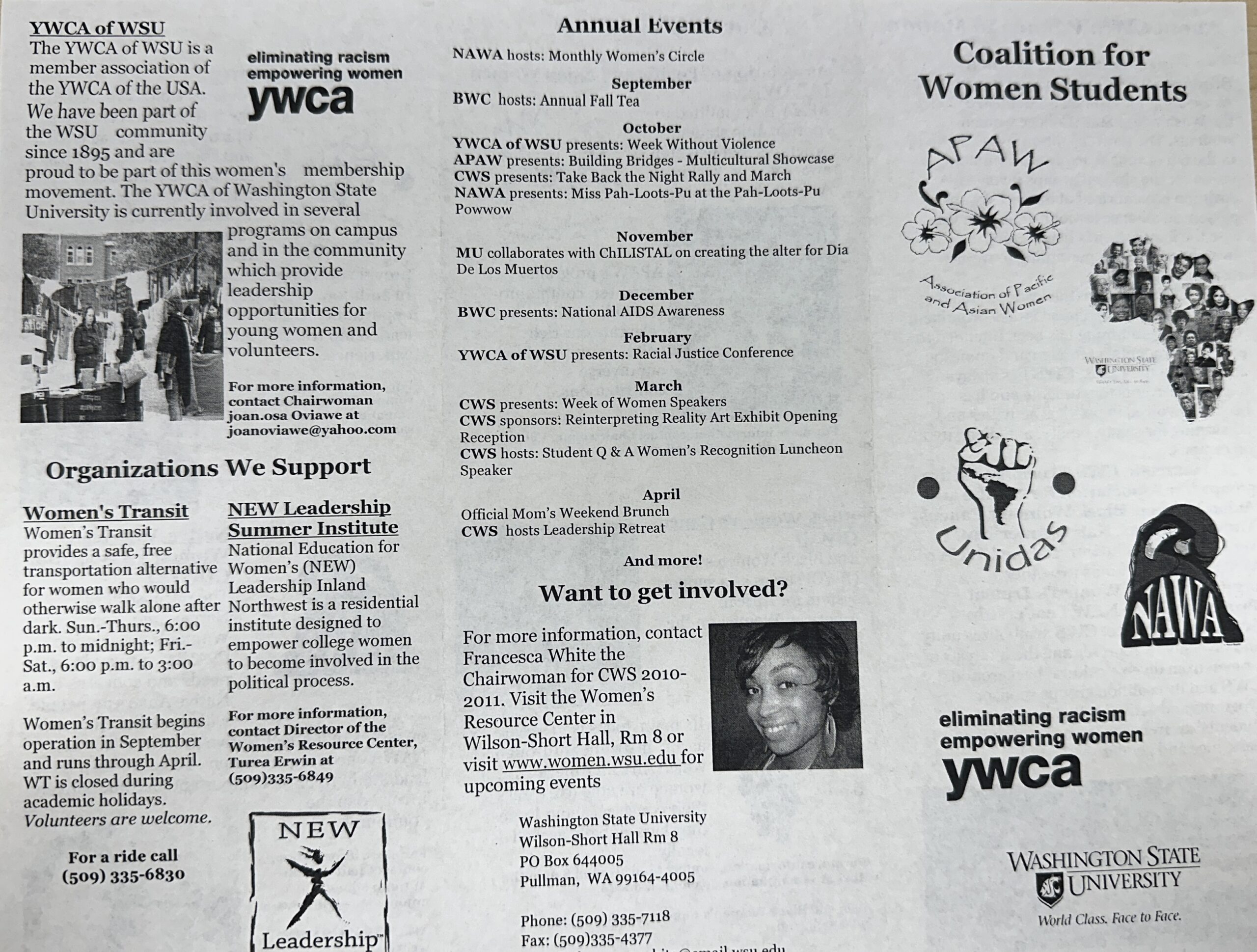 Image of YWCA at WSU Annual Events handout in 2011.
