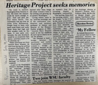 An image of a newsclipping from the Pullman Herald on July 19, 1980 titled "Heritage Project seeks memories".