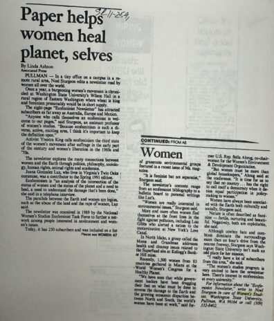 Image of scanned news clippings from 1989 sharing The National Women’s Studies Ecofeminist Task Force conceives the “Ecofeminist Newsletter” edited by Professor Noel Sturgeon, Women Studies Faculty member.