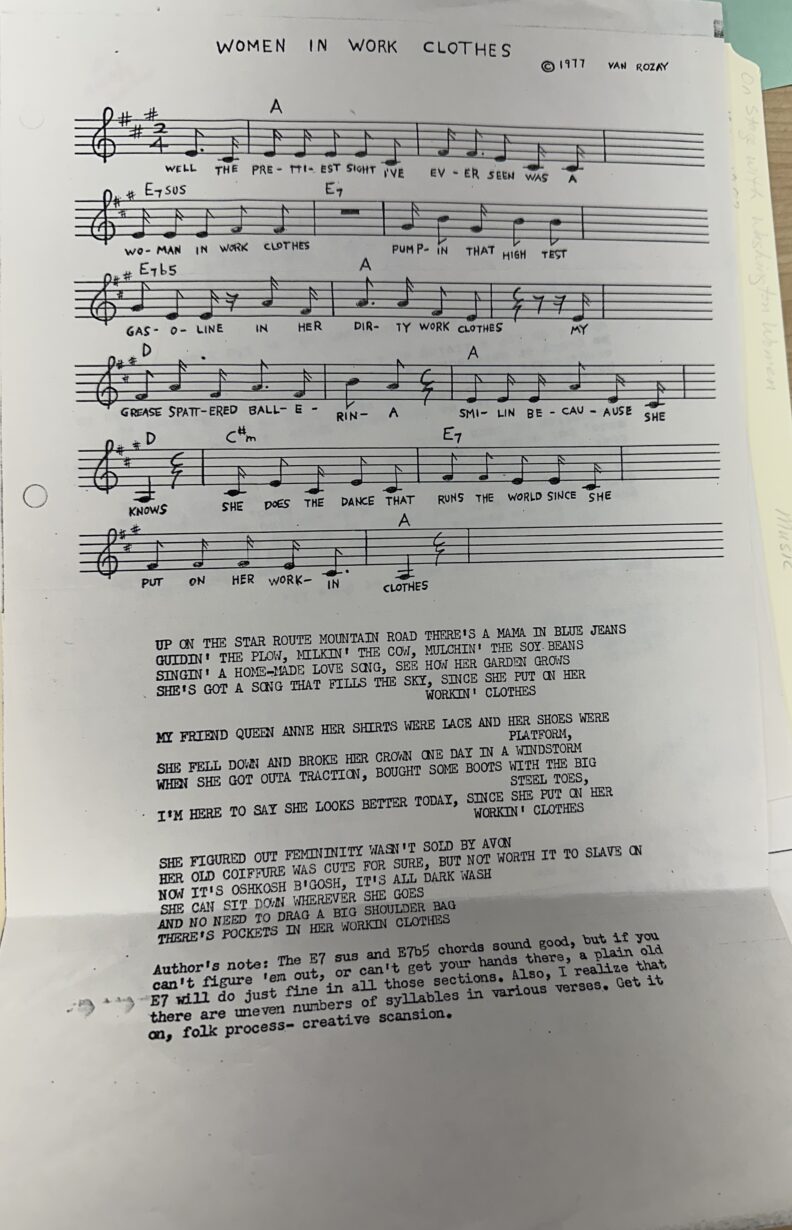 An image of the musical notes for the song "Women in Work Clothes" which was part of the collected works in the "On Stage with Washington Women" collection.