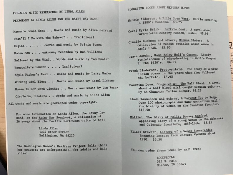 An image of a pamphlet detailing collected works in the Washington Women's Heritage Project and suggested books about Western Women.