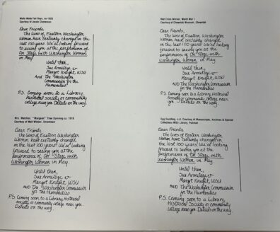 An image of handwritten postcards sharing that the performance of "On Stage with Washington Women' will be in May. Signed by Sue Armitage and Margot Knight and the Washington Commission for the Humanities.