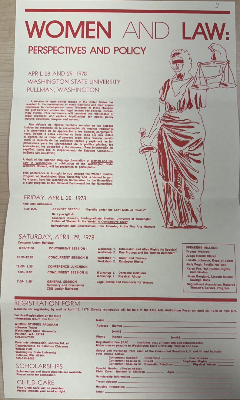 Image of event poster for “Women and Law: Perspectives and Policy,” a conference held April 28–29, 1978, at Washington State University in Pullman, Washington. Red-and-black typography, Lady Justice illustration, multi-session schedule, registration form, scholarships, and child-care information organize poster content.