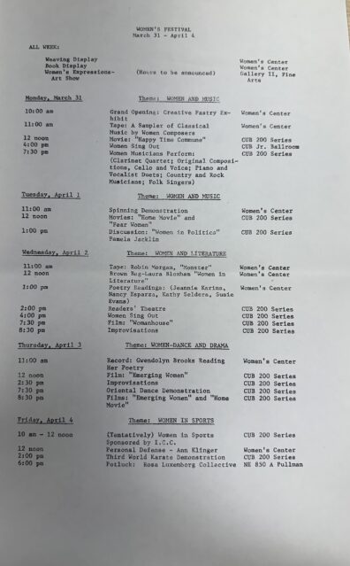 Image of a flyer for Washington Women's Heritage detailed itinerary for week of March 31- April 4 1982.