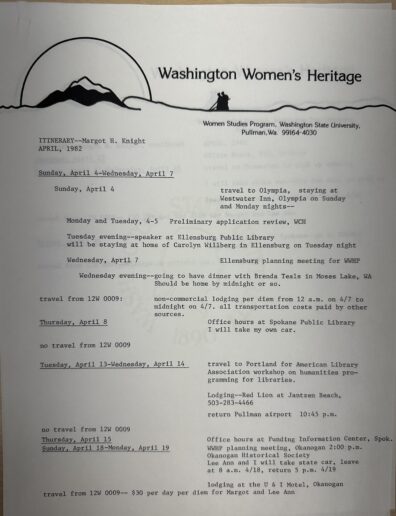 Image of a flyer for Washington Women's Heritage itinerary for April, 1982.