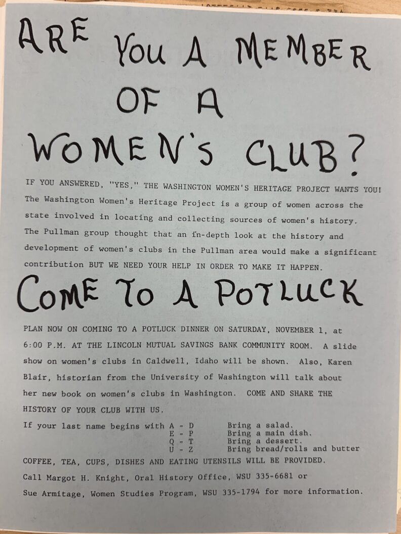 An image of a flyer organized by Margot H. Knight and Sue Armitage from the Women Studies Program in 1981 detailing a Potluck held on November 1st for The Washington Women's Heritage Project.
