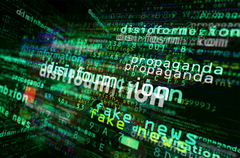 Abstract art showing layers of text on a computer screen, including words such as "disinformation", "propaganda", "fake news", etc.