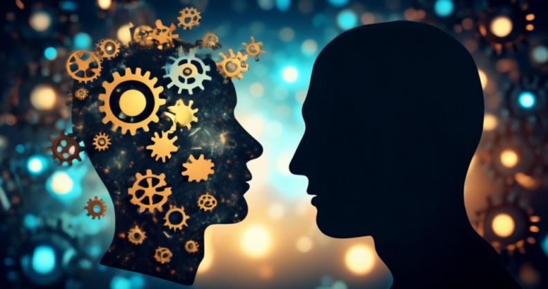 An artificial head with gears rotating in front of it facing a human head.