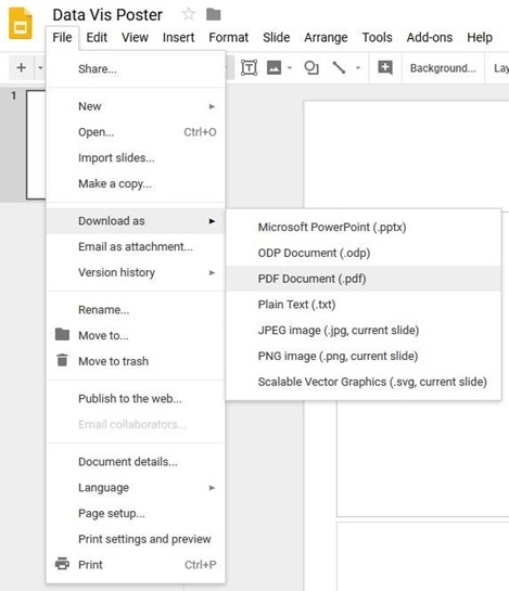 Screen shot of Google Slide options indicating the selections described in this step.