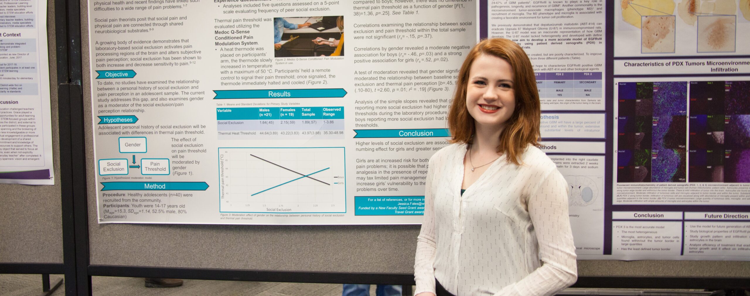 Student Alivia Fales presenting a research poster.