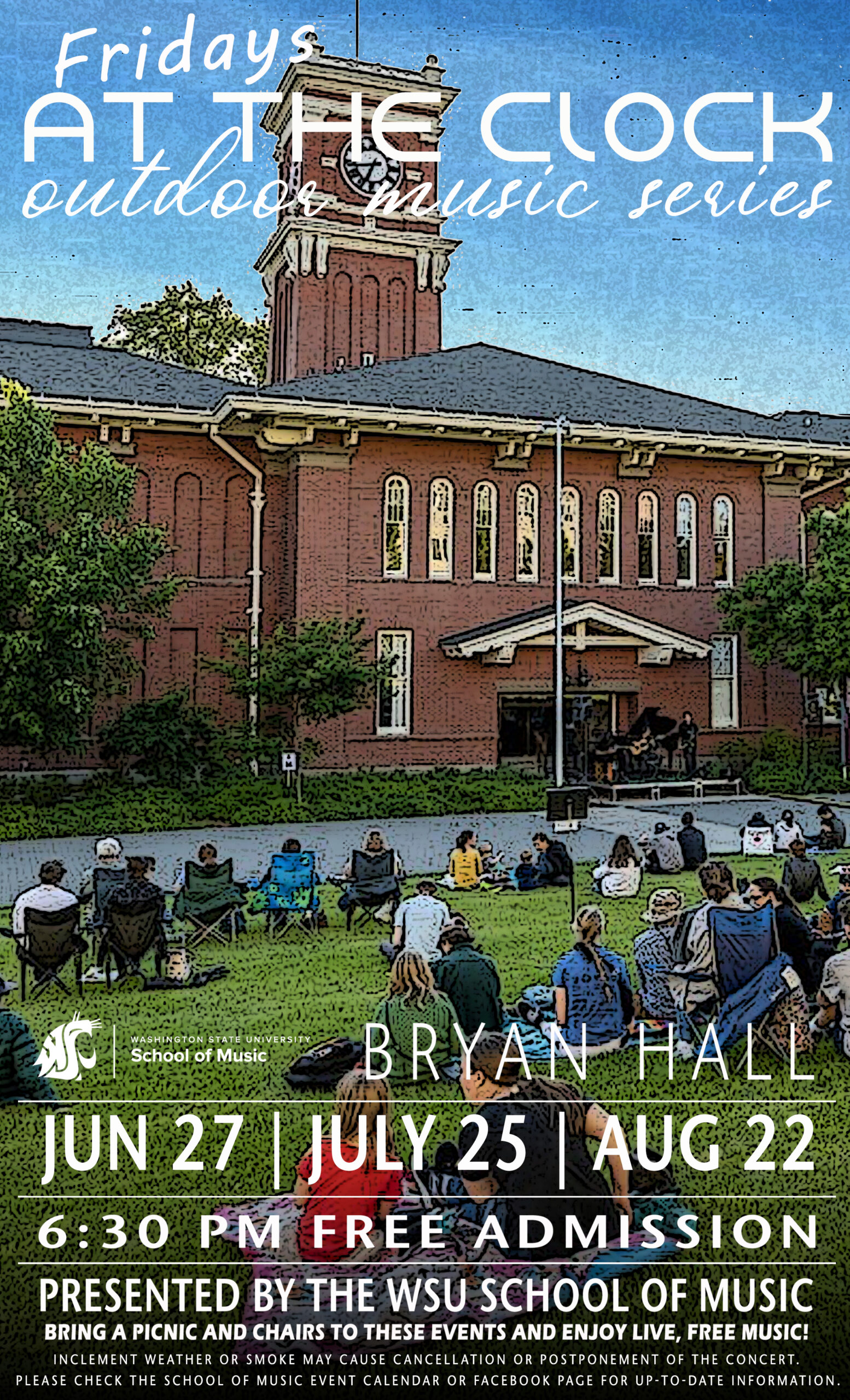 Fridays at the Clock poster with image of people watching concert outdoors in front of the Bryan Hall Clock.