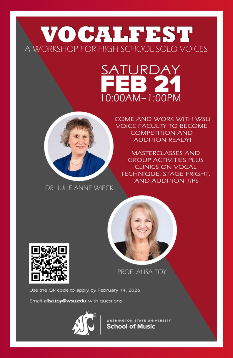 Poster for VocalFest. A workshop for high school solo voices. Saturday, Feb. 21 from 10:00 am - 1:00 pm.