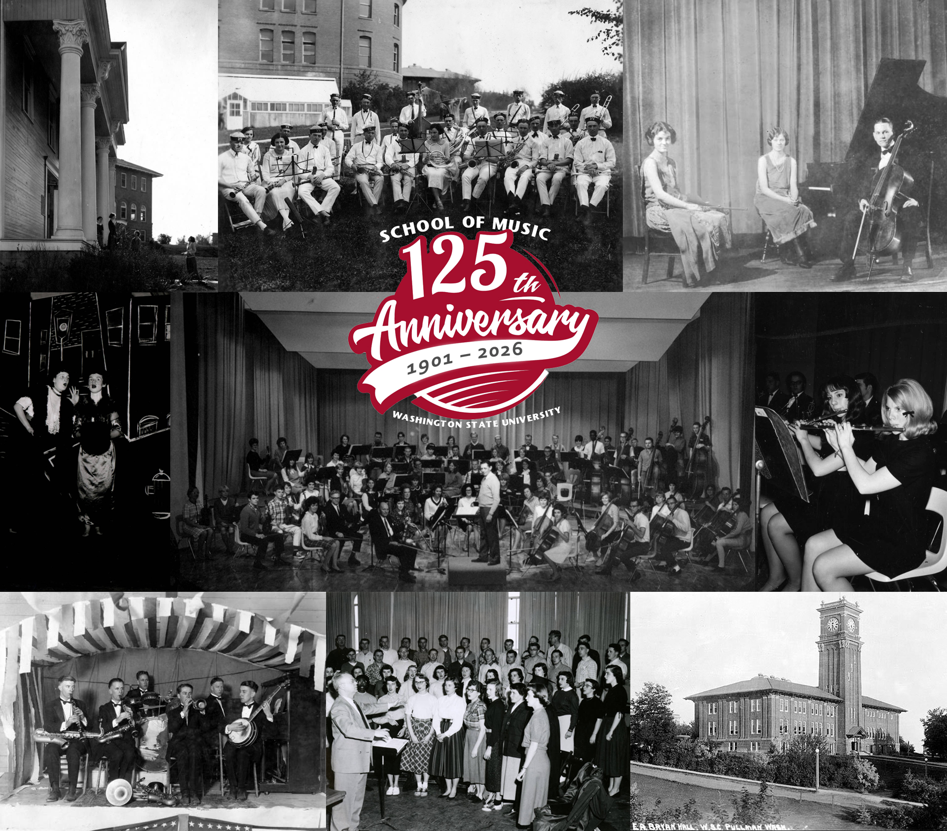 A graphic for the 125th anniversary of the school of music featuring 9 historical photographs from manuscripts and archives with descriptions listed below on the webpage.