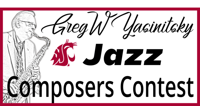 Banner that says Greg W Yasinitsky Jazz Composers Contest with the Cougar Head logo and a drawing of Greg Yasinitsky playing the saxophone.
