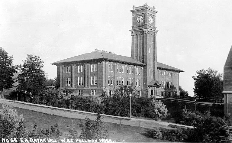 Bryan Hall with clock tower in Pullman, Washington on the WSC campus, 1916/1919. (photo courtesy Washington State University)