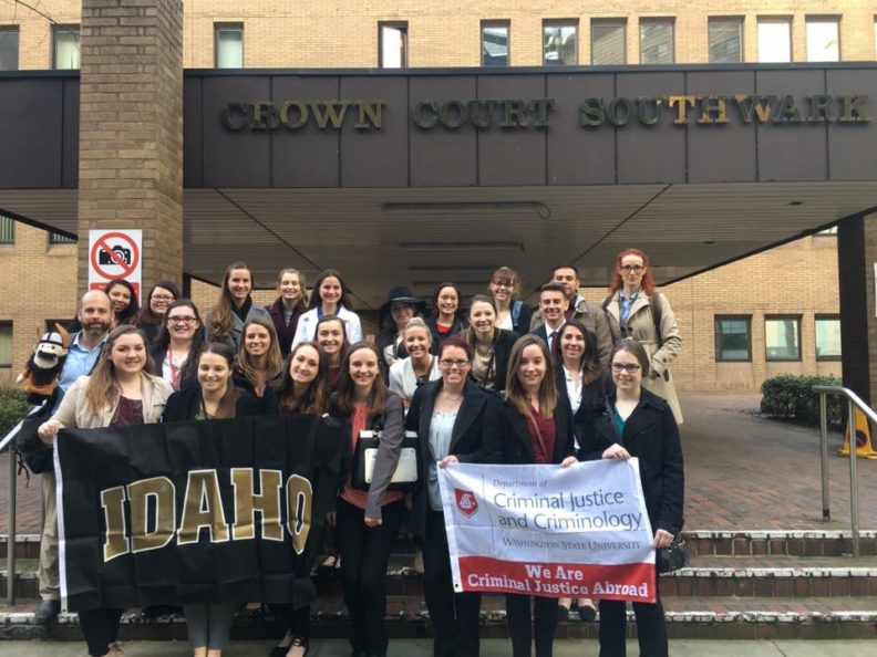 Large group outside entrance to Crown Court Southwark.