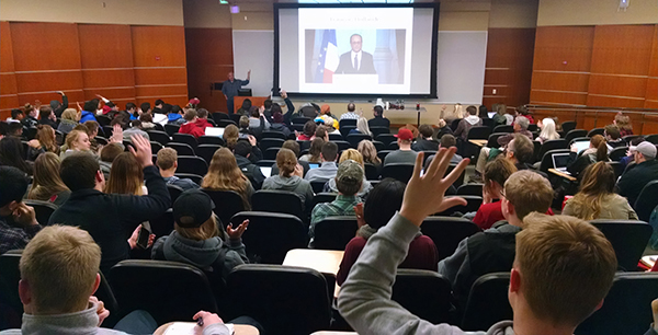 History Department Chair and French historian, Dr. Steve Kale, delivers a talk and answers questions from more than 230 students as part of a History Club-sponsored presentation following the ISIS attack on Paris in late 2015.