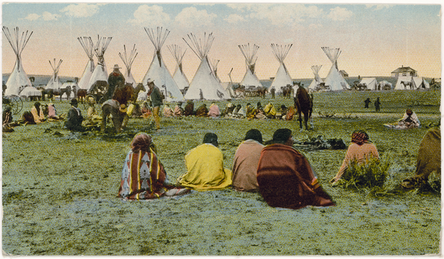 Illustration of historic Native Americans meeting with settlers.