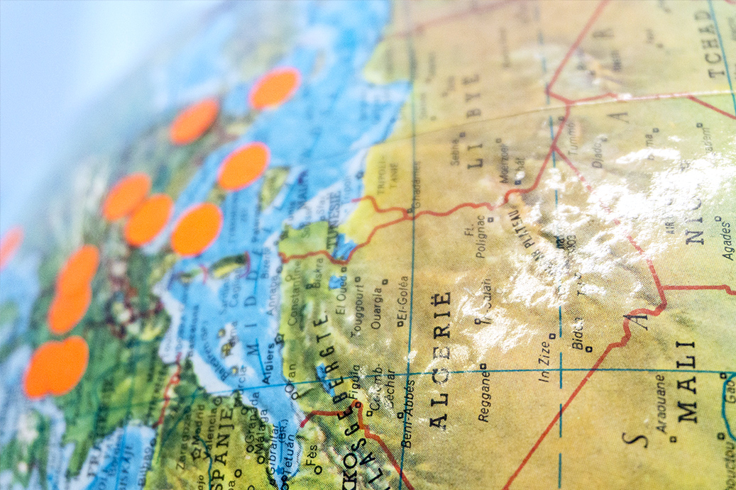 A closeup of a globe of the Earth.