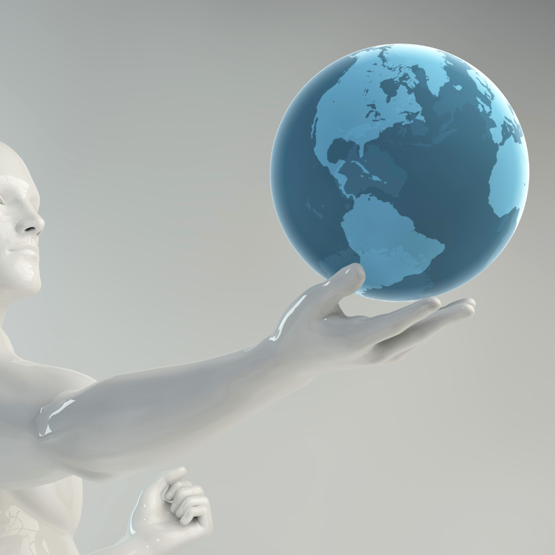 A pale human-like figure holds a blue globe showing North and South America.