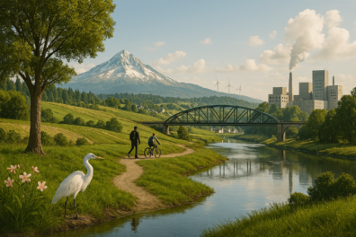 Picture with a mountain, river, bridge and some factories.