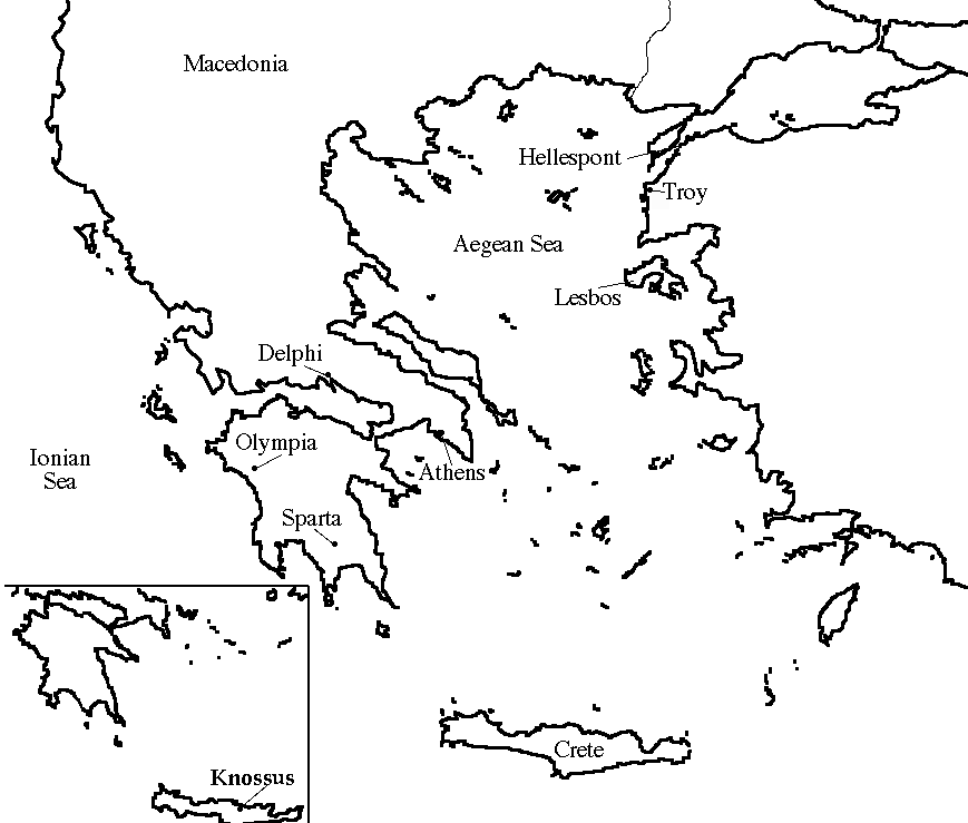 Classical Greece map showing locations of Macedonia, Hellespont, Troy, the Aegean Sea, Lesbos, Delphi, the Ionian Sea, Olympia, Athens, Sparta, Knossus, and Crete.