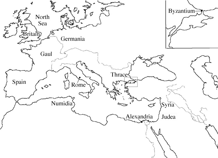 Roman empire map showing locations of the North Sea, Britain, Germania, Gaul, Spain, Rome, Numidia, Thrace, Byzantium, Syria, Alexandria and Judea.