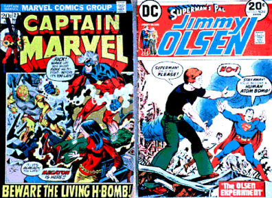 Comic book covers: Captain Marvel with headline, Beware of the Living H-Bomb! and Superman's Pal Jimmy Olsen with Superman telling Jimmy, Stay away! You'll become a human Atom Bomb!