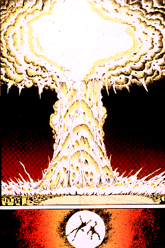 Comic panel with mushroom cloud  in one panel and two people in the sphere in the other. 