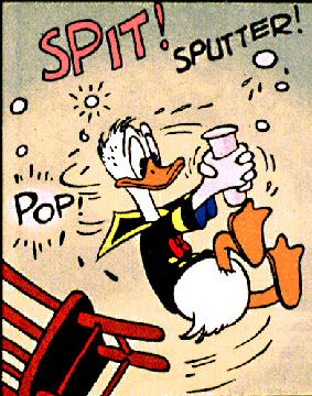 Donald Duck playing with chemicals, falling off chair with text, Spit! Sputter! Pop!