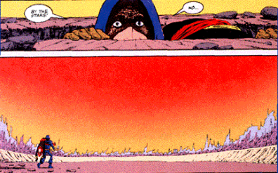 Comic panels - in first there is person peering out of hole in the ground. The second shows person walking in desolate crater made by explosion. 