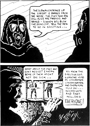 Two comic panels: the first has two people in radioactive suits; the second shows them from the perspective of a man, far away watching them. 
