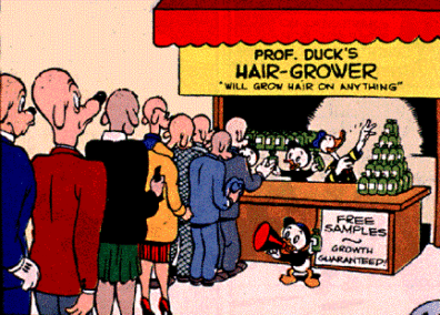 People lined up at booth to buy Professor Duck's Hair-Grower - will grow hair on anything - the ducks are selling bottles. 
