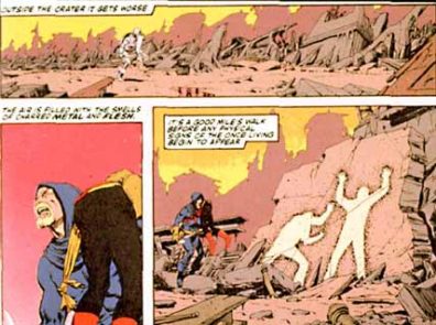 Comic panels with text: "Outside the crater it gets worse" "The air is filled with the smells of charred metal and flesh." "It's a good mile's walk before any physical signs of the once living begin to appear."