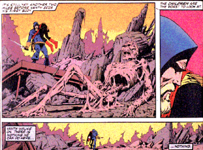 Comic panels with text, "It's still yet another two miles before Vanth sees his first body. The children are the worst to look at. Vanth walks on. There is nothing he can do here... ...nothing.