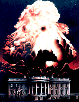 Nuclear explosion depicted over the White House. 