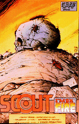 Human skull on hill with insects crawling on and around it with text, Scout, I'm on Fire.