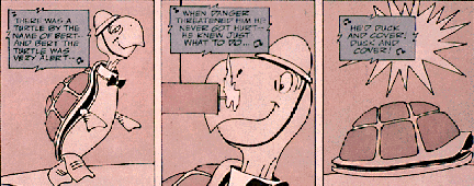 Three panels of comic depicting turtle with helmut walking in first two, then in their shell in third panel with explosion above. 