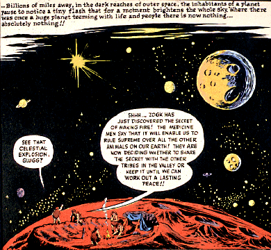 Illustration of cave people on planet camping around fire and looking out at the stars and other planets. 